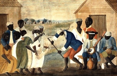 Afroamerikanische Sklaven tanzen zu Banjo- und Perkussionsbegleitung, um 1780